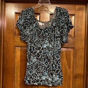 2X Claudia Richard Teal and Chocolate Floral Stretch Blouse